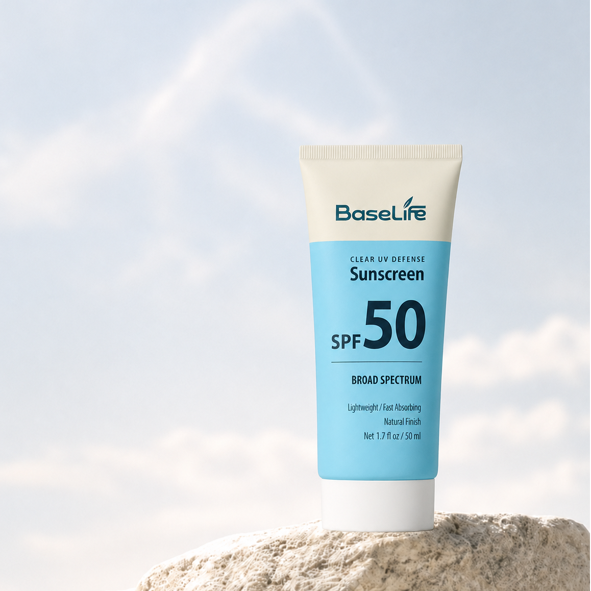 BaseLife Clear UV Defense SPF50 sunscreen tube.