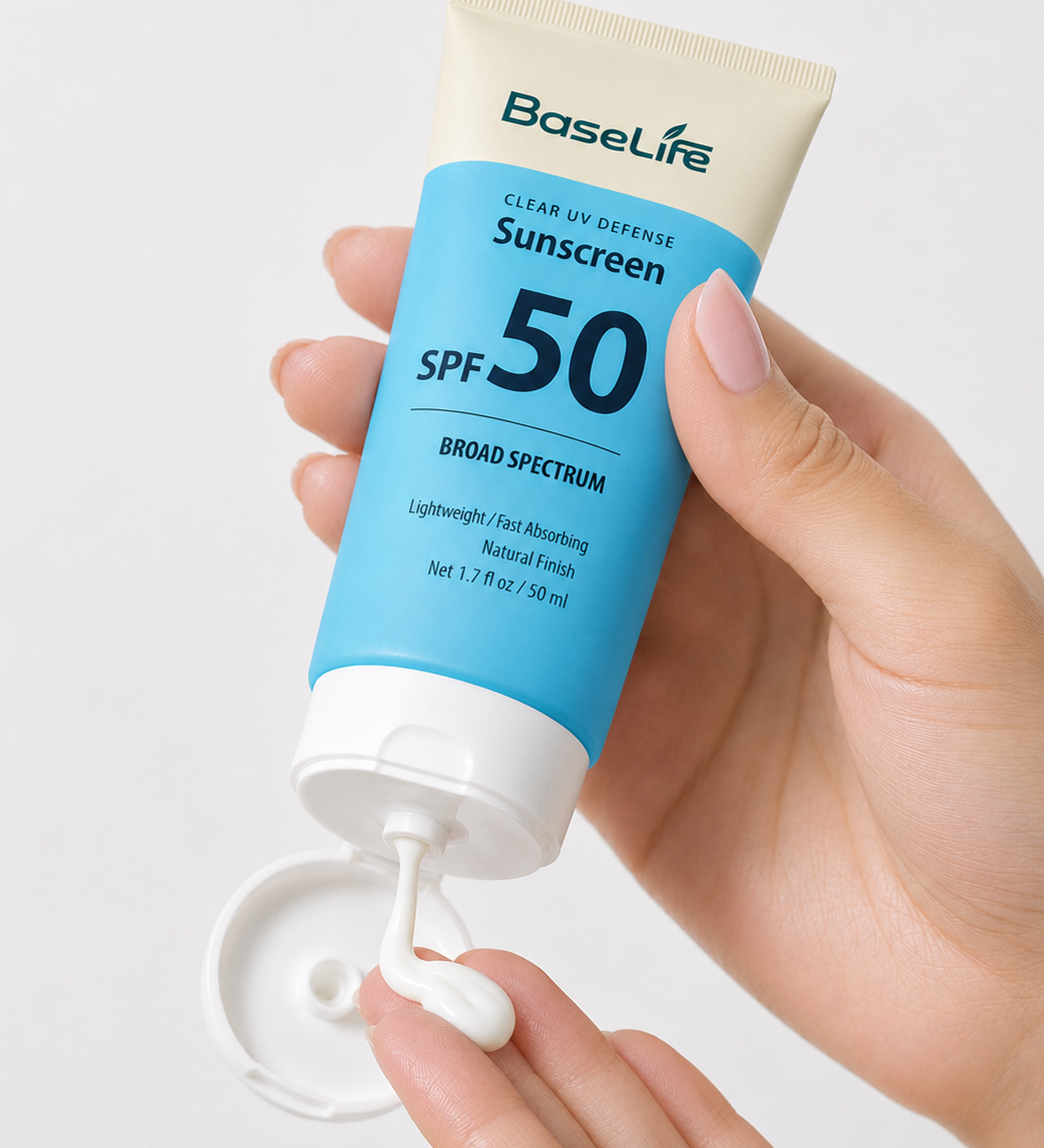 BaseLife Clear UV Defense SPF50 sunscreen held in hand