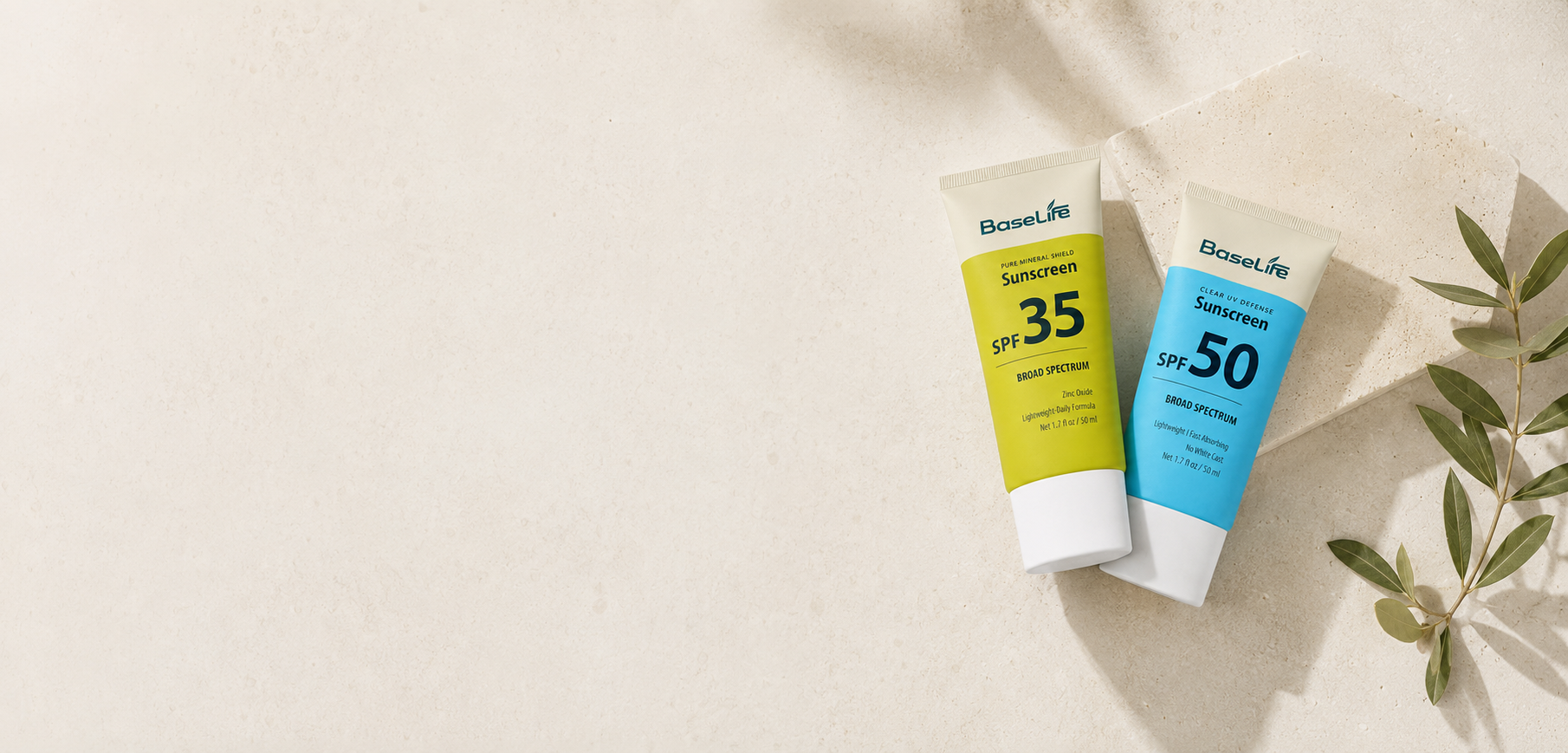 BaseLife Pure Mineral Shield SPF35 and Clear UV Defense SPF50 sunscreens for everyday wear.