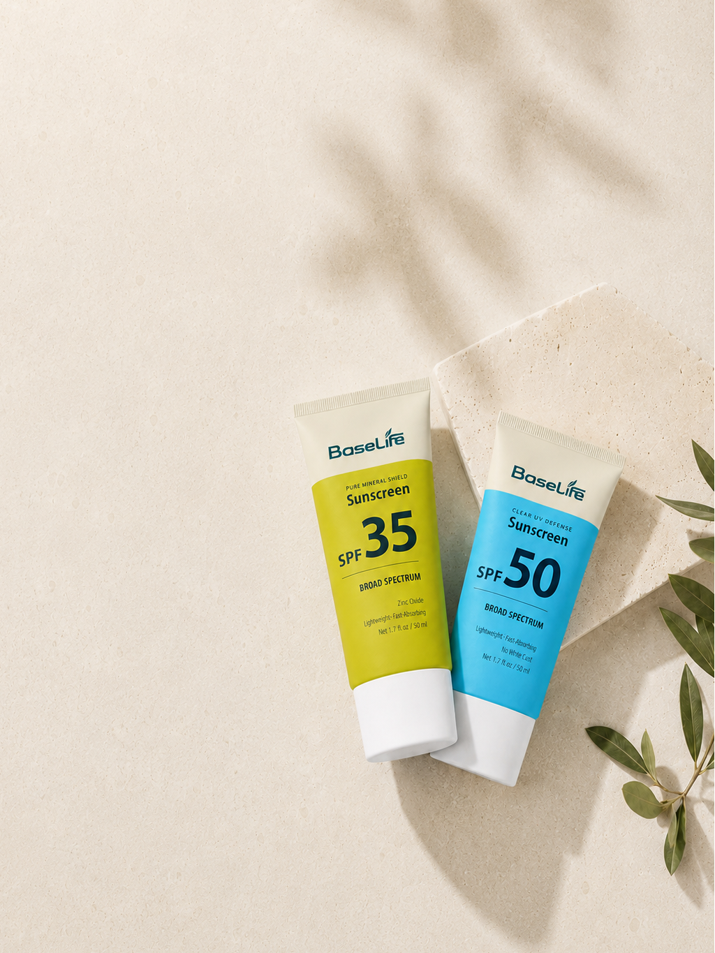 BaseLife Pure Mineral Shield SPF35 and Clear UV Defense SPF50 sunscreens for everyday wear.