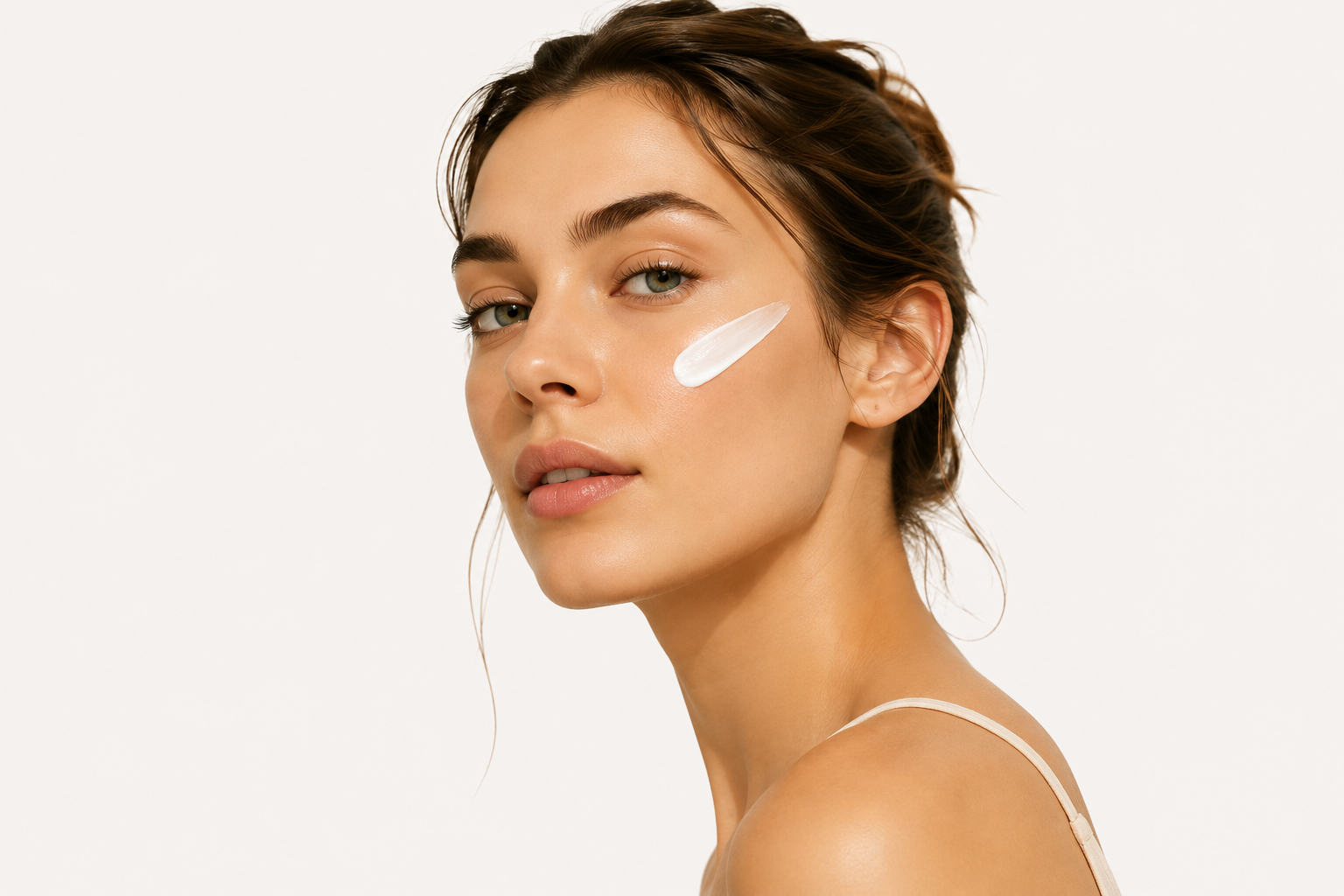 Model wearing BaseLife sunscreen with a natural finish.