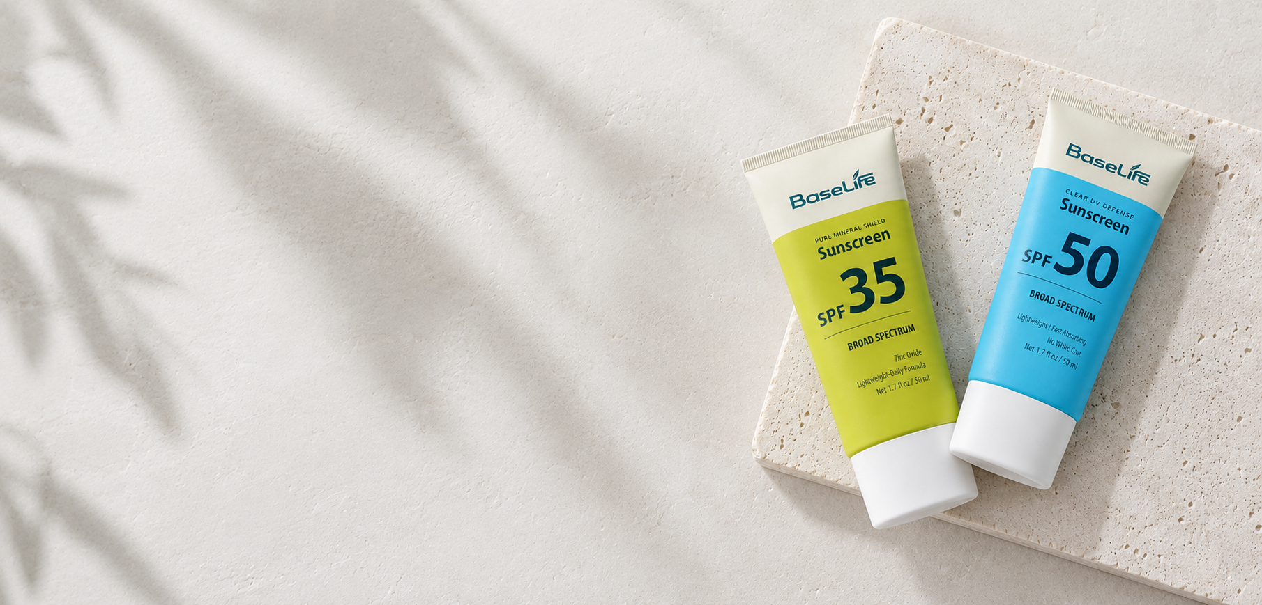 BaseLife Pure Mineral Shield SPF35 and Clear UV Defense SPF50 sunscreens for comfortable everyday wear.