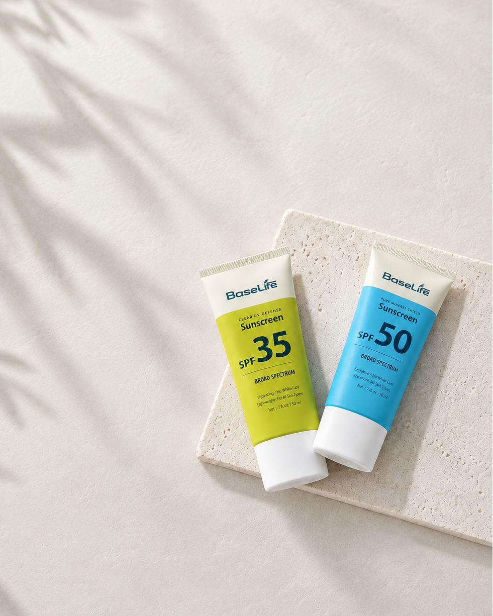 BaseLife Pure Mineral Shield SPF35 and Clear UV Defense SPF50 sunscreens for comfortable everyday wear.