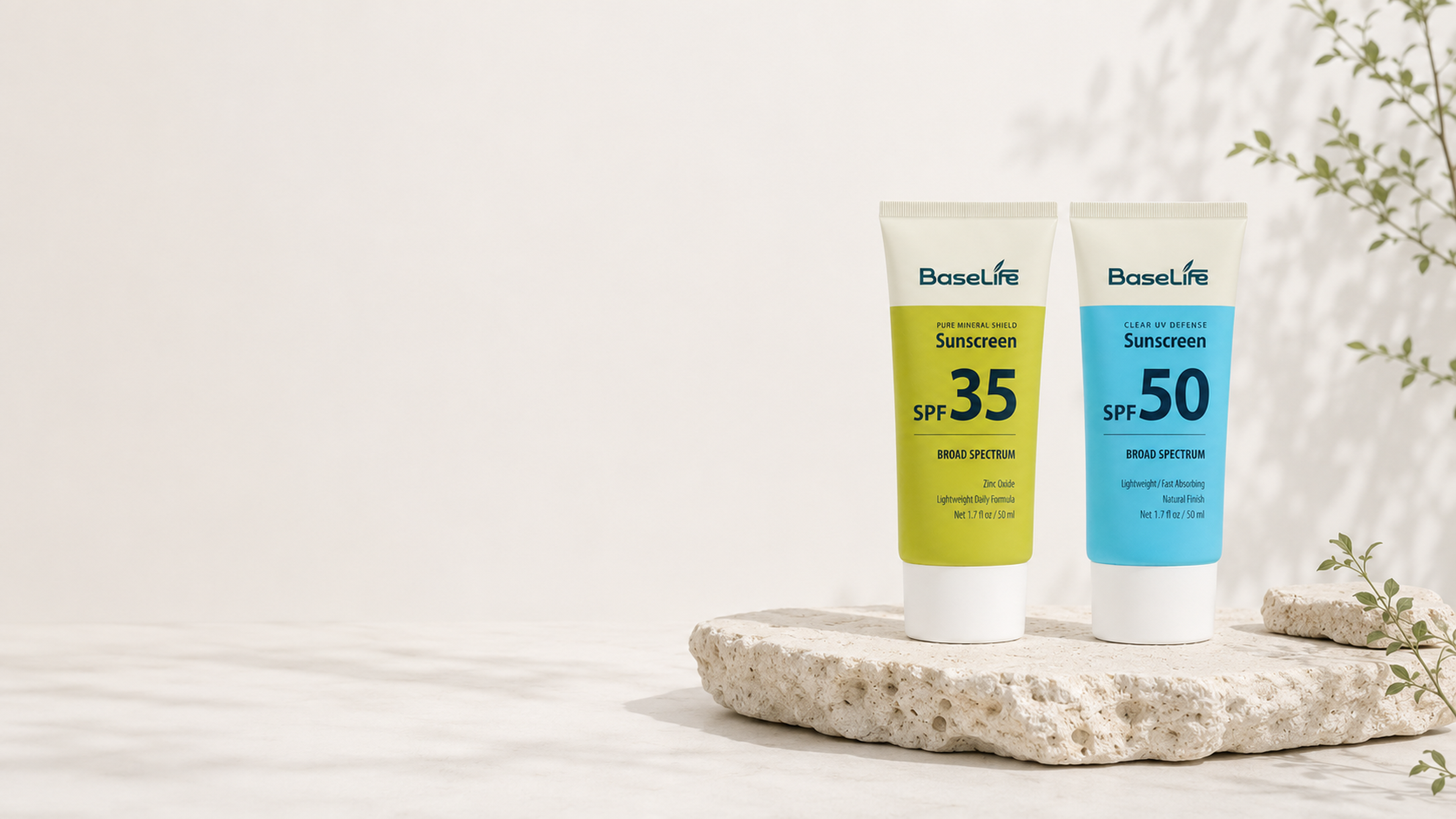 BaseLife Sun Care collection featuring Pure Mineral Shield SPF35 and Clear UV Defense SPF50 sunscreens.