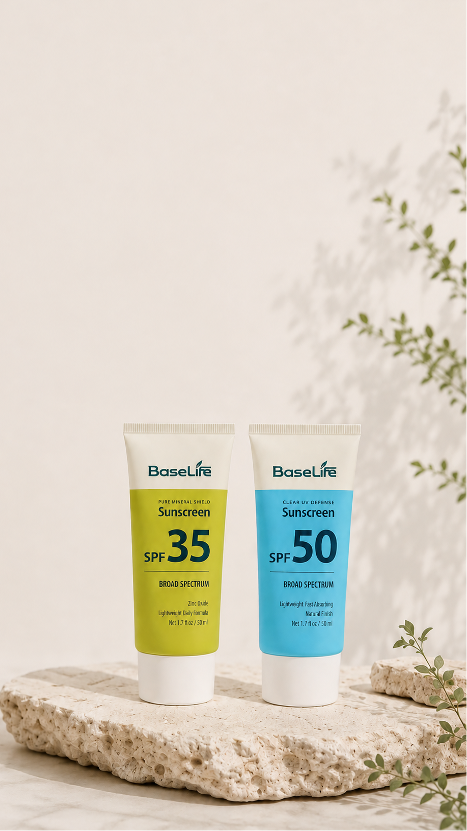 BaseLife Sun Care collection featuring Pure Mineral Shield SPF35 and Clear UV Defense SPF50 sunscreens.