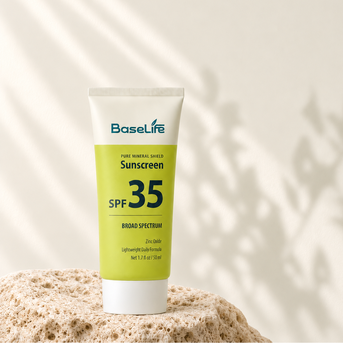 BaseLife Pure Mineral Shield SPF35 mineral sunscreen tube.