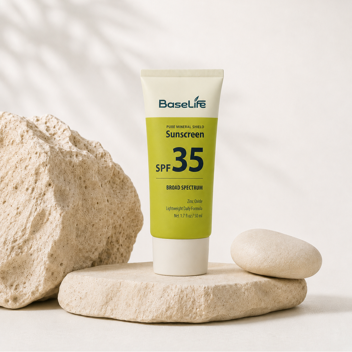 BaseLife SPF35 sunscreen on stone display